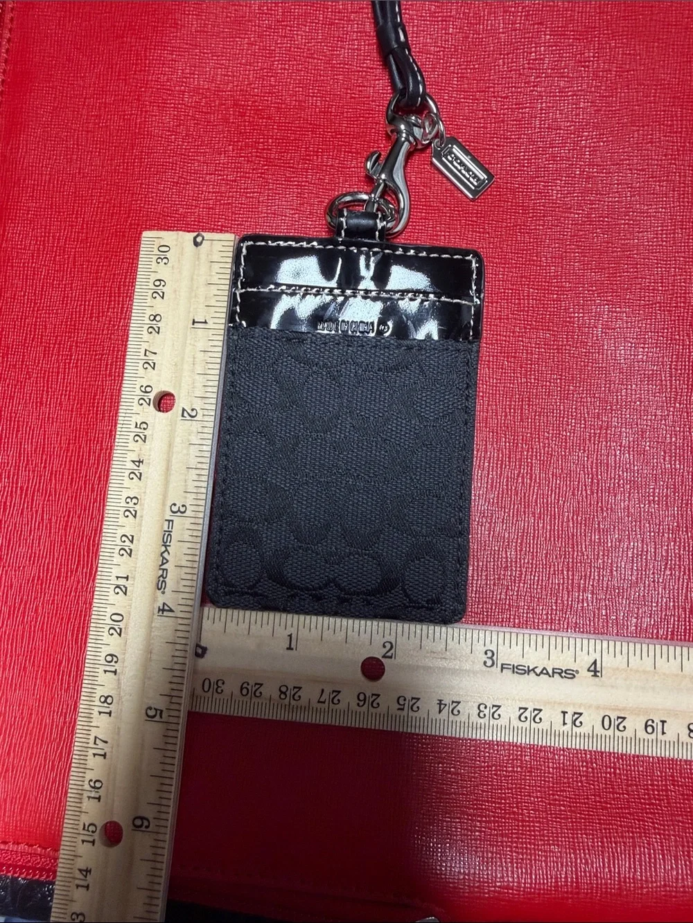 Coach Black Gray Signature Lanyard Card Case with Patent Trim